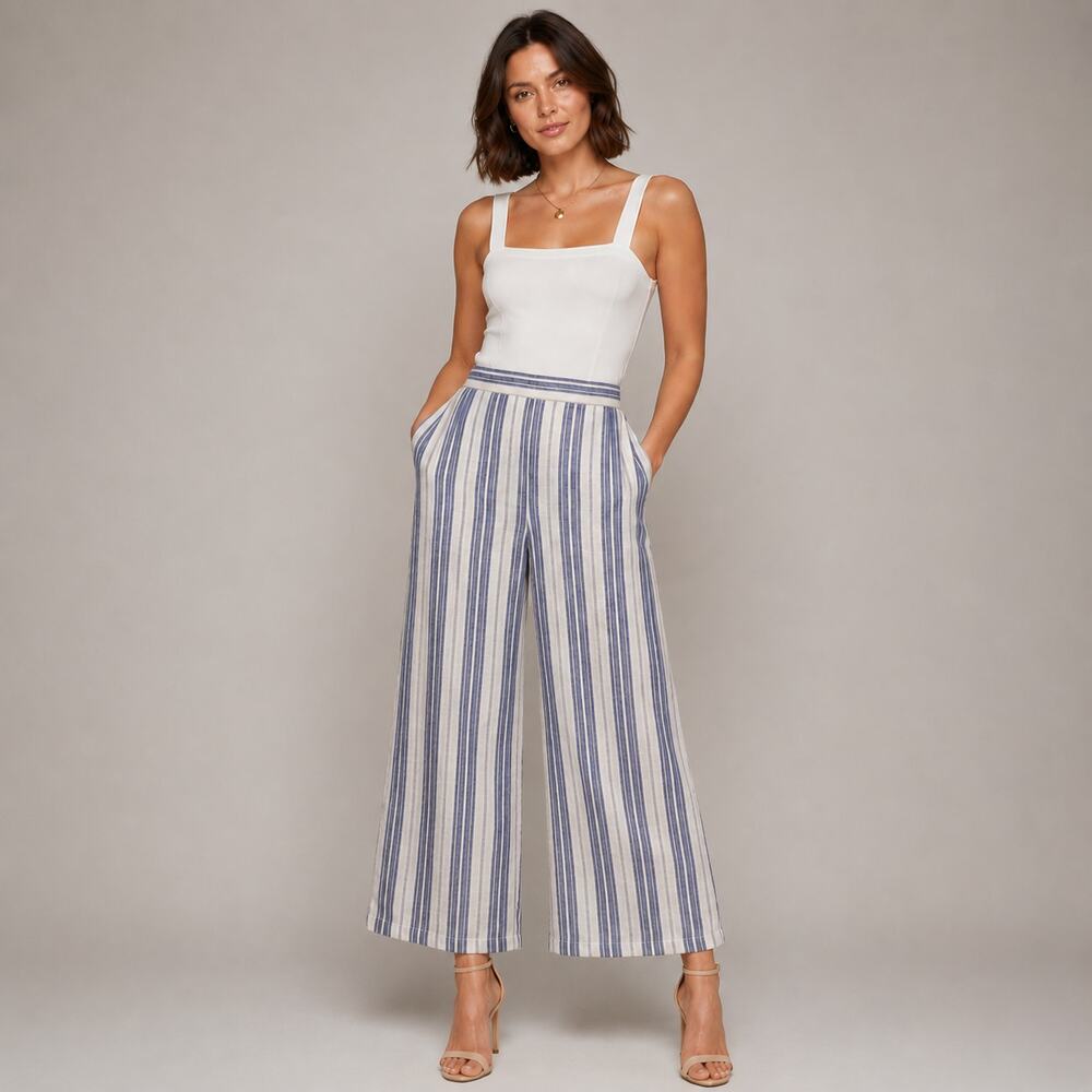 Christian Siriano Linen Striped Wide Leg Cropped Pants L Resort Boho Lagenlook
